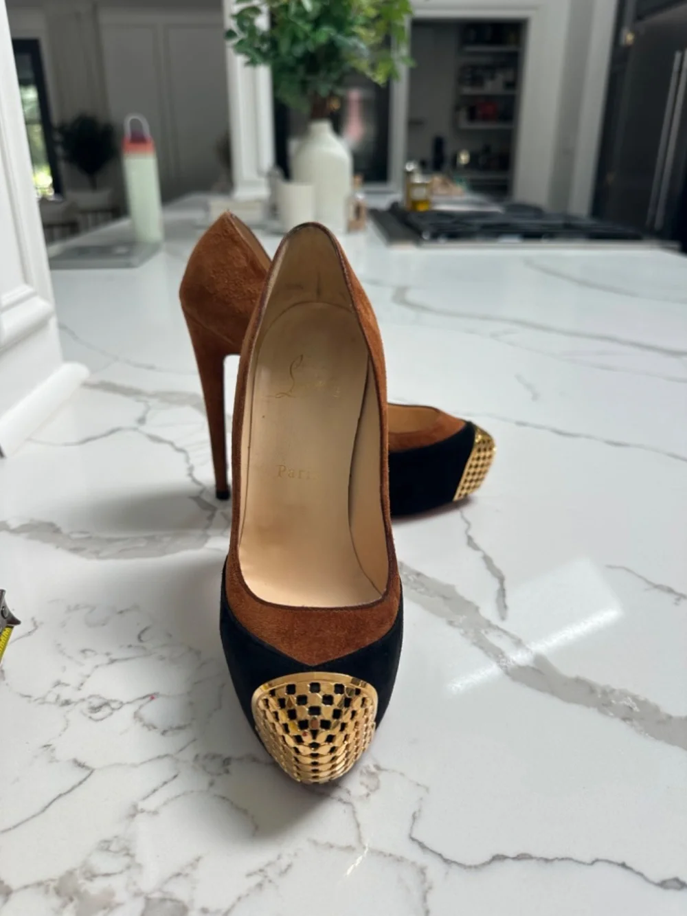 Christian Louboutin Suede Black and Camel Brown Heels Gold Toe 36 Sz